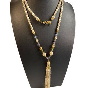 Vintage Pearl Necklace Single Strand Tassel 40 Inch Gold Tone LIZ CLAIRBORNE